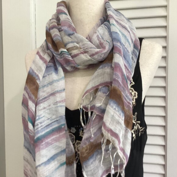 NWT J. Jill Pure Jill Cotton & Linen Striped Scarf With Fringe Details - Picture 6 of 11